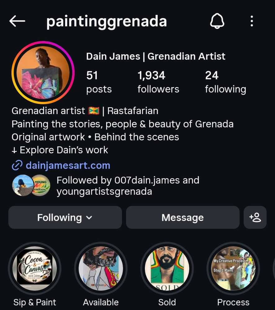 @paintinggrenada Instagram profile on 6 September showing 1,934 followers